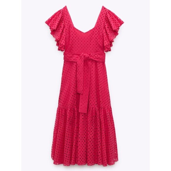 Zara eyelet Cutwork Embroidered Midi Dress Size S hot pink - Picture 2 of 11
